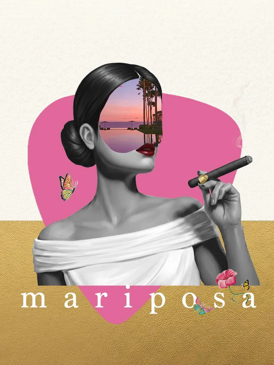 Mariposa collage in colour: a woman with a cigar on a pink ground, a palm-fringed infinity pool at dusk revealed through her portrait.