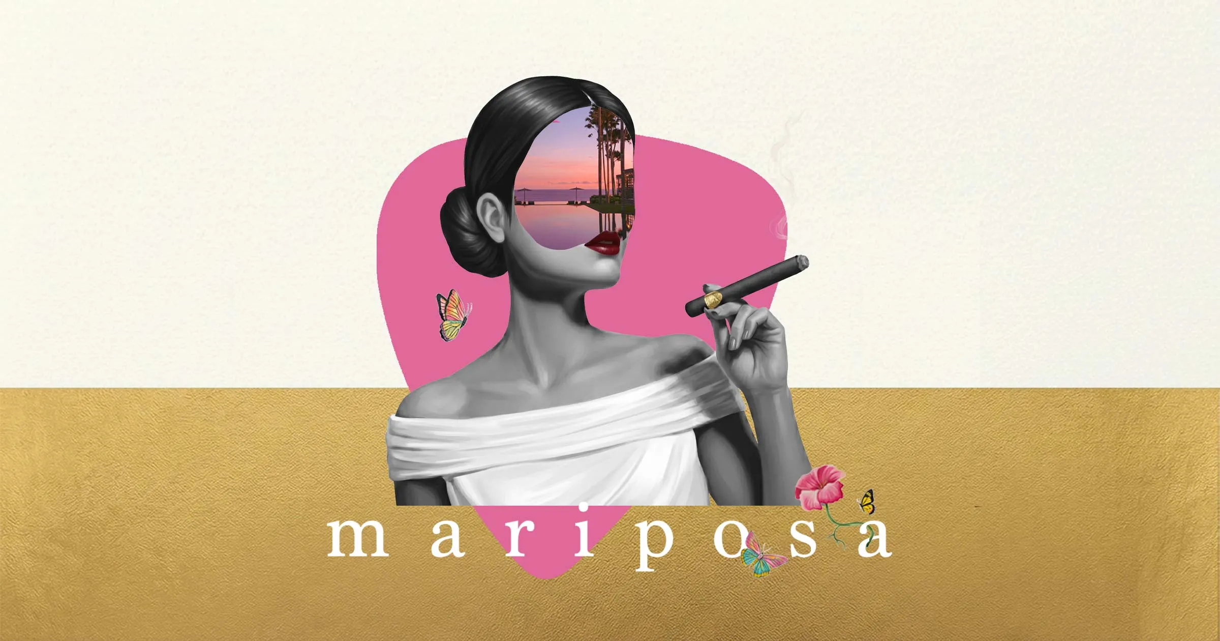 Mariposa collage in colour: a woman with a cigar on a pink ground, a palm-fringed infinity pool at dusk revealed through her portrait.