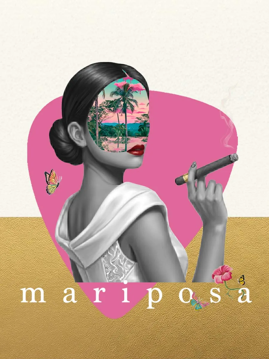 Mariposa collage in colour: a woman with a cigar on a soft-gold ground, a jungle pavilion at sunset revealed through her portrait.