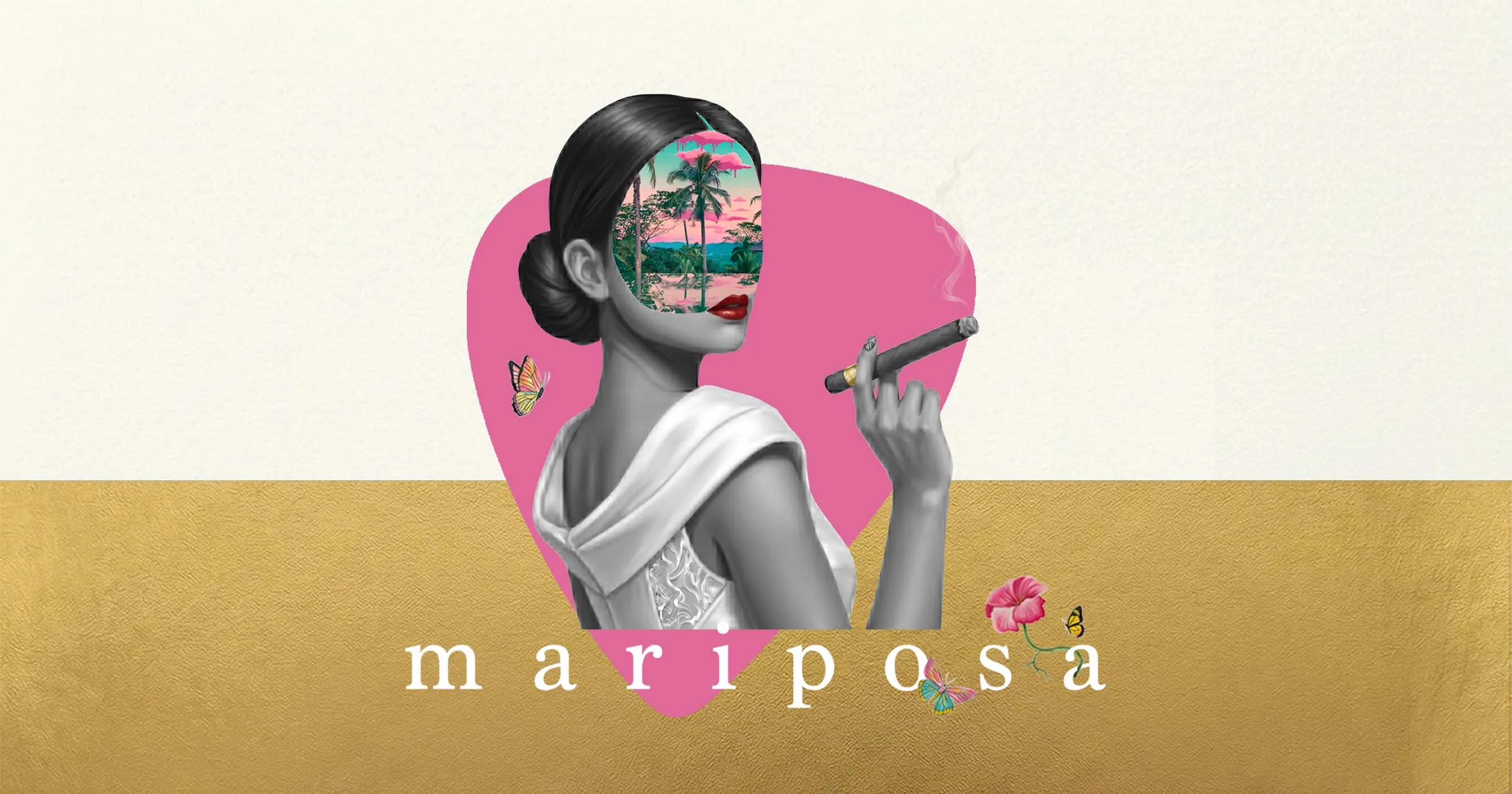 Mariposa collage in colour: a woman with a cigar on a soft-gold ground, a jungle pavilion at sunset revealed through her portrait.
