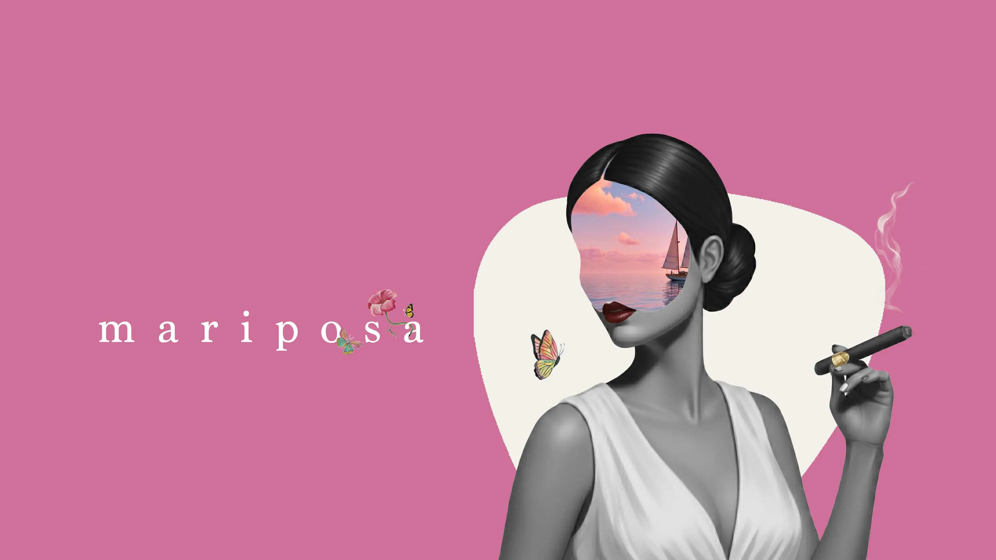 Mariposa collage in colour: a woman with a cigar on a pink ground, a sailboat on a pastel sea revealed through her portrait.