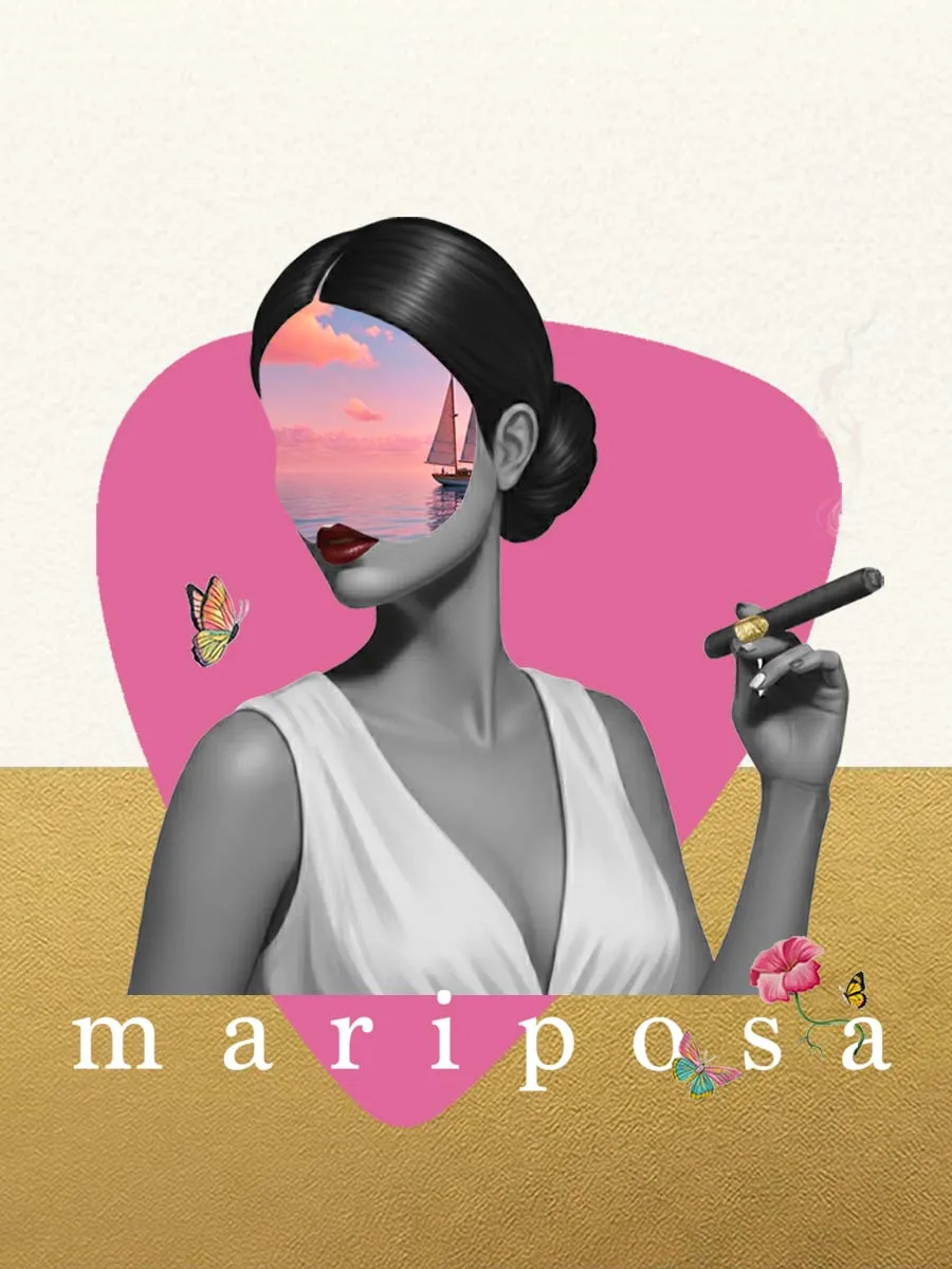 Mariposa collage in colour: a woman with a cigar on a pink ground, a sailboat on a pastel sea revealed through her portrait.