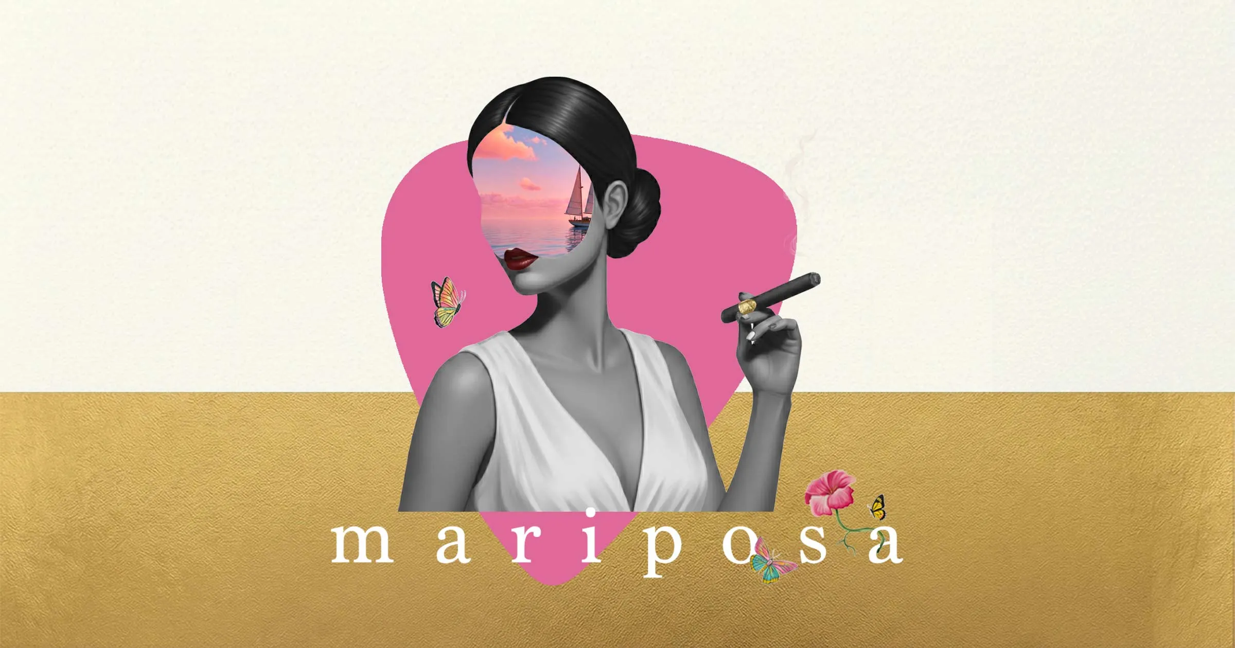 Mariposa collage in colour: a woman with a cigar on a pink ground, a sailboat on a pastel sea revealed through her portrait.