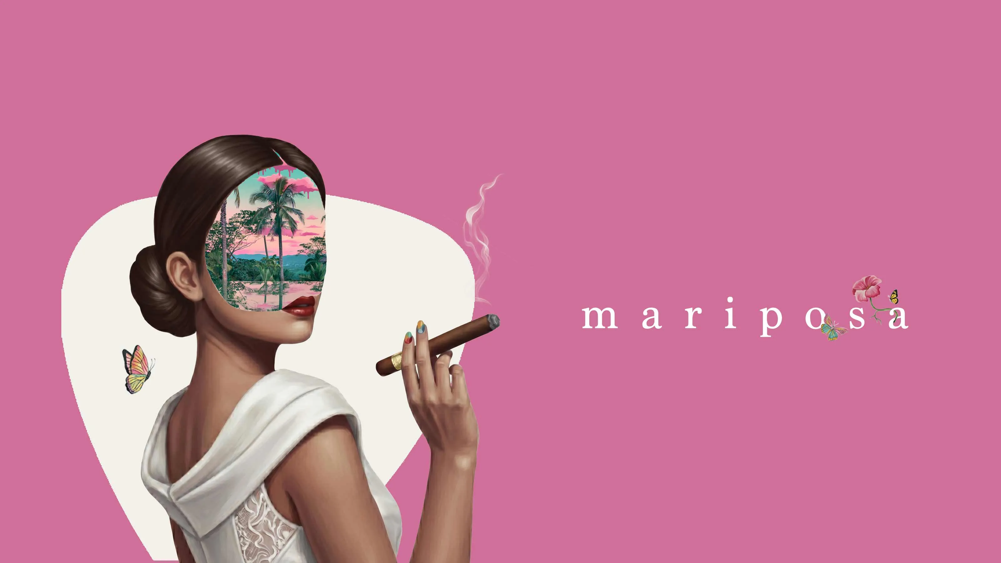Mariposa collage in colour: a woman with a cigar on a pink ground, a jungle pavilion at sunset revealed through her portrait.