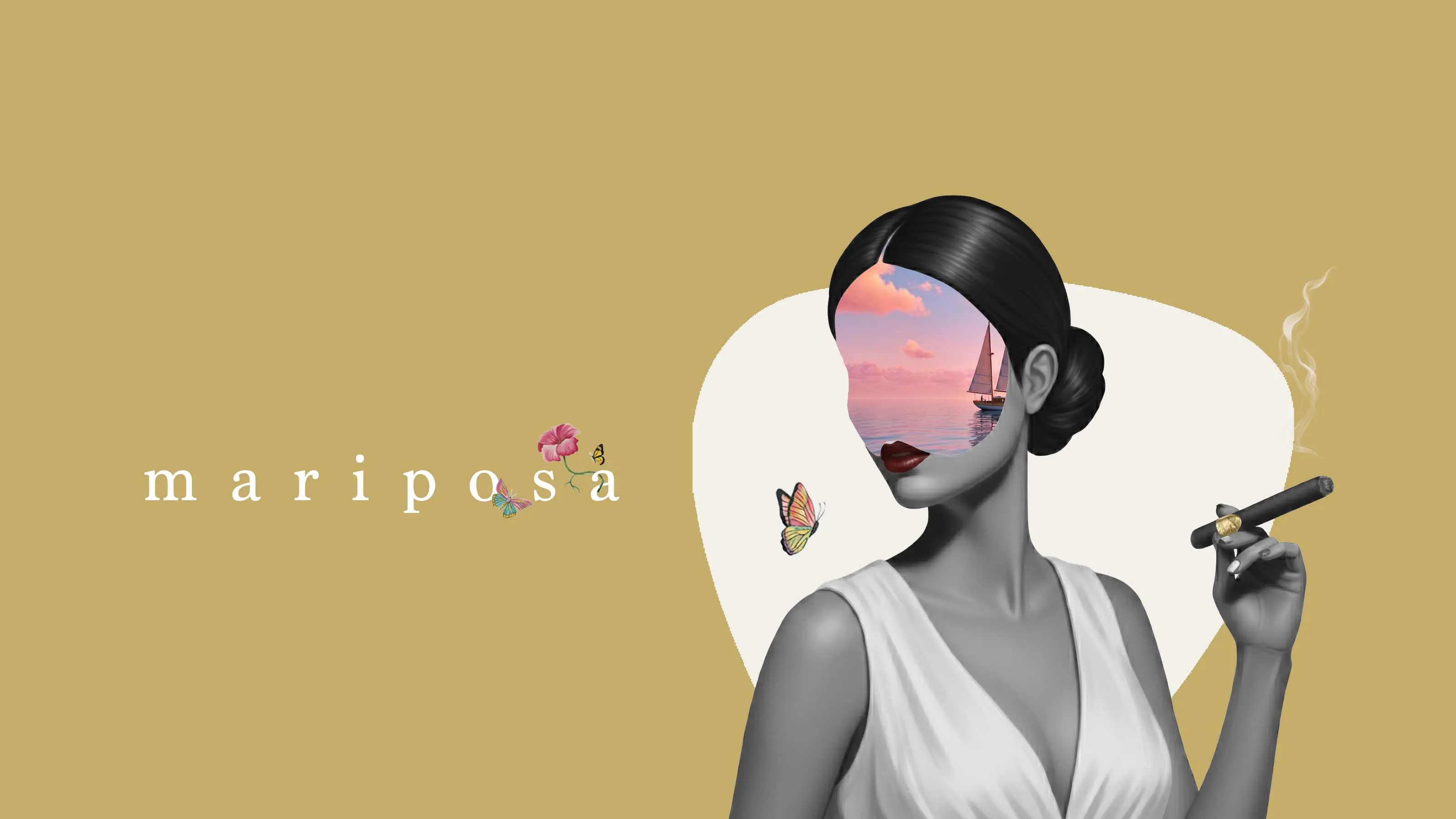 Mariposa collage in colour: a woman with a cigar on a soft-gold ground, a sailboat on a pastel sea revealed through her portrait.